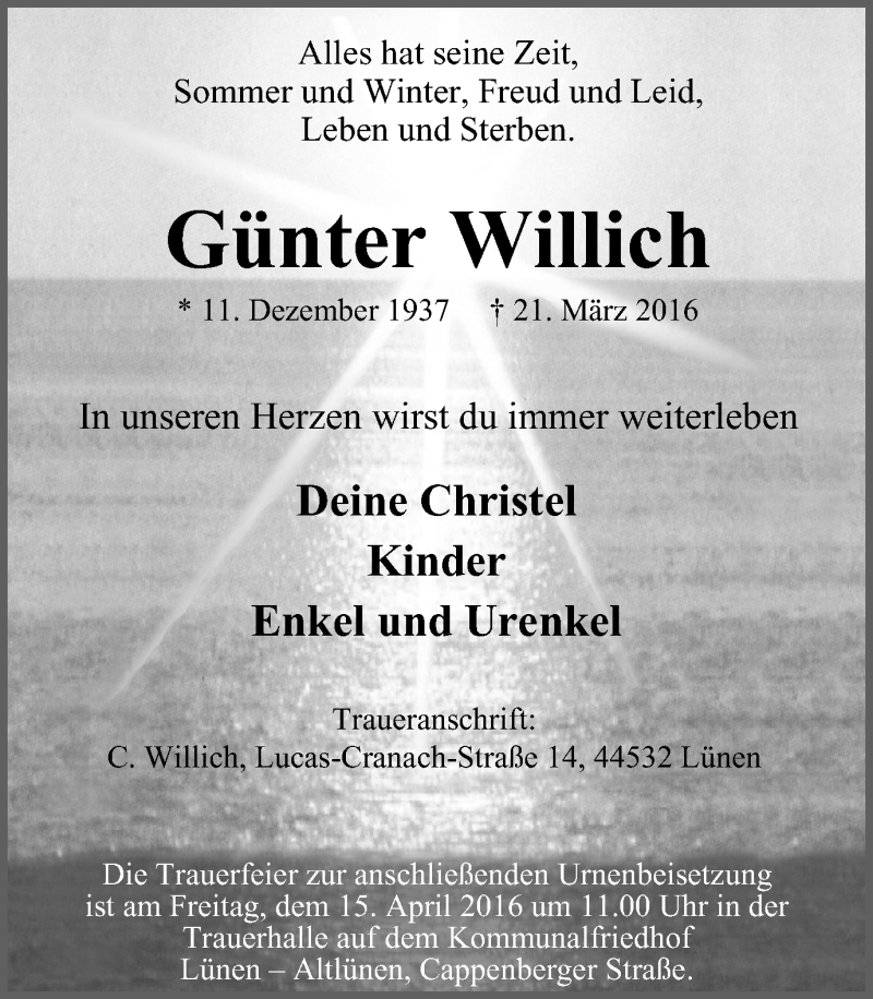  Traueranzeige für Günter Willich vom 09.04.2016 aus Lüner Anzeiger