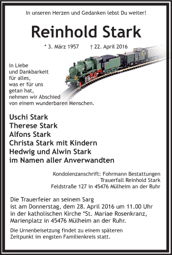 Traueranzeige von Reinhold Stark von Mülheimer Woche