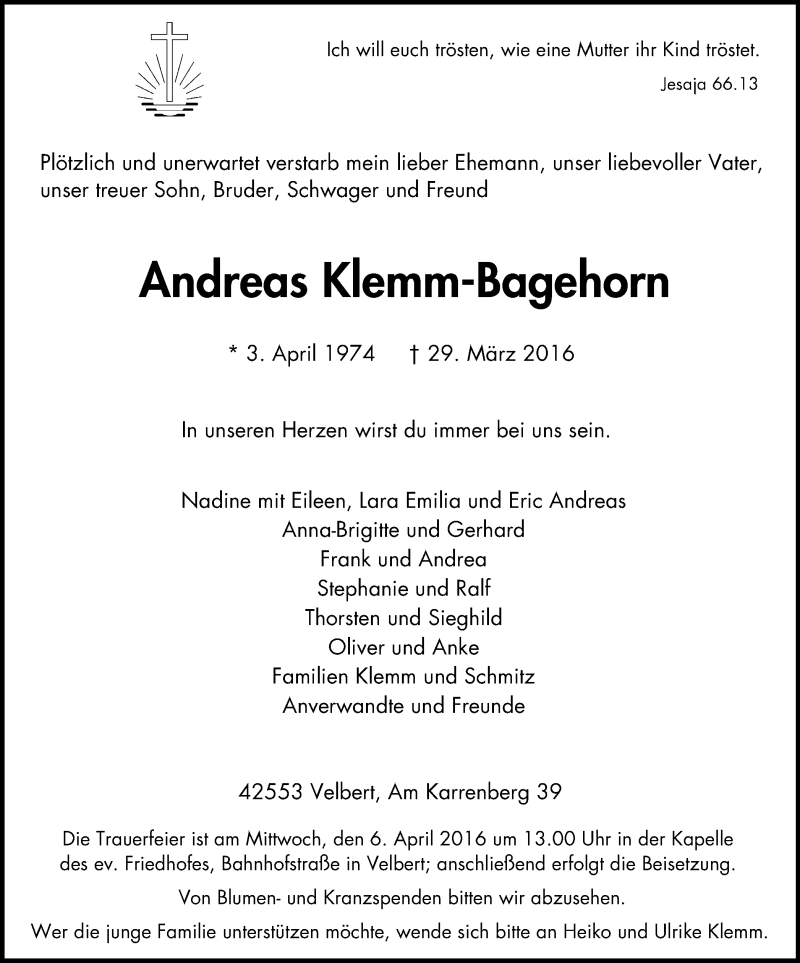  Traueranzeige für Andreas Klemm-Bagehorn vom 02.04.2016 aus Stadtanzeiger Velbert + Heiligenhaus