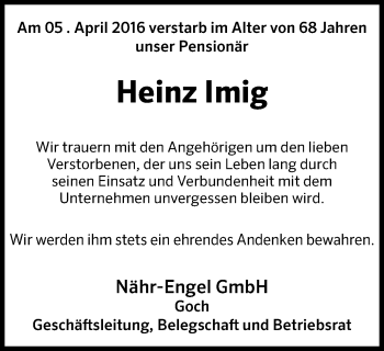 Traueranzeige von Heinz Imig von Gocher Wochenblatt