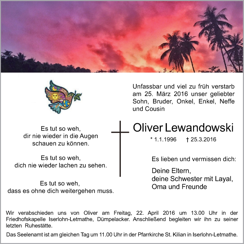  Traueranzeige für Oliver Lewandowski vom 16.04.2016 aus Stadtspiegel Iserlohn + Hemer