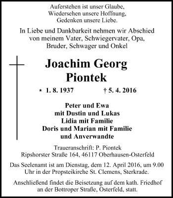 Traueranzeige von Joachim Georg Piontek von Wochen-Anzeiger Oberhausen