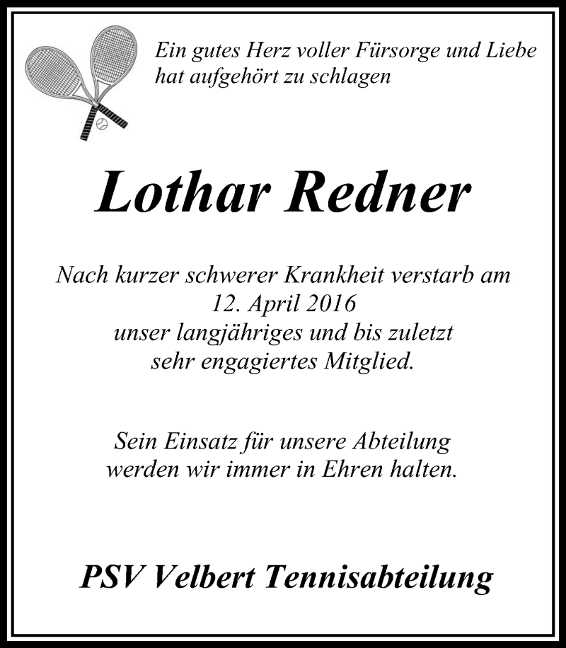  Traueranzeige für Lothar Redner vom 23.04.2016 aus Stadtanzeiger Velbert + Heiligenhaus