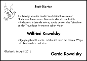 Traueranzeige von Wilfried Kowalsky von Stadtspiegel Gladbeck