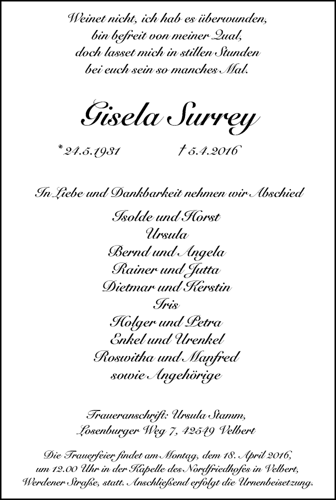  Traueranzeige für Gisela Surrey vom 13.04.2016 aus Stadtanzeiger Velbert + Heiligenhaus