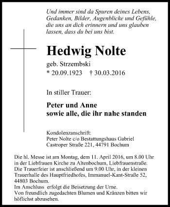 Traueranzeige von Hedwig Nolte von Stadtspiegel Bochum