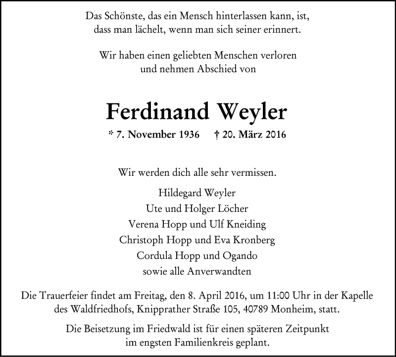  Traueranzeige für Ferdinand Weyler vom 02.04.2016 aus Wochen-Anzeiger Langenfeld/Monheim/Hilden