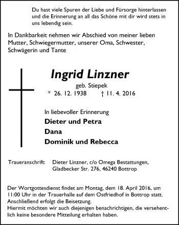 Traueranzeige von Ingrid Linzner von Stadtspiegel Bottrop