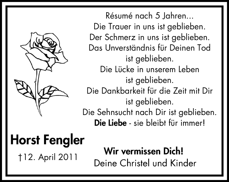  Traueranzeige für Horst Fengler vom 13.04.2016 aus Mülheimer Woche