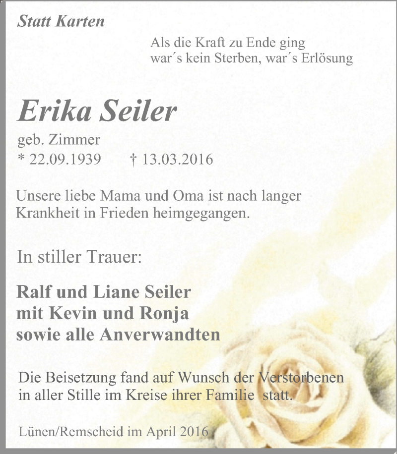 Traueranzeigen von Erika Seiler TrauerinNRW.de