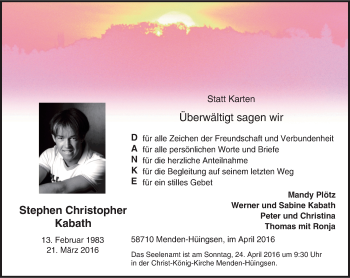 Traueranzeige von Stephen Christopher Kabath von Stadtspiegel Menden + Froendenberg