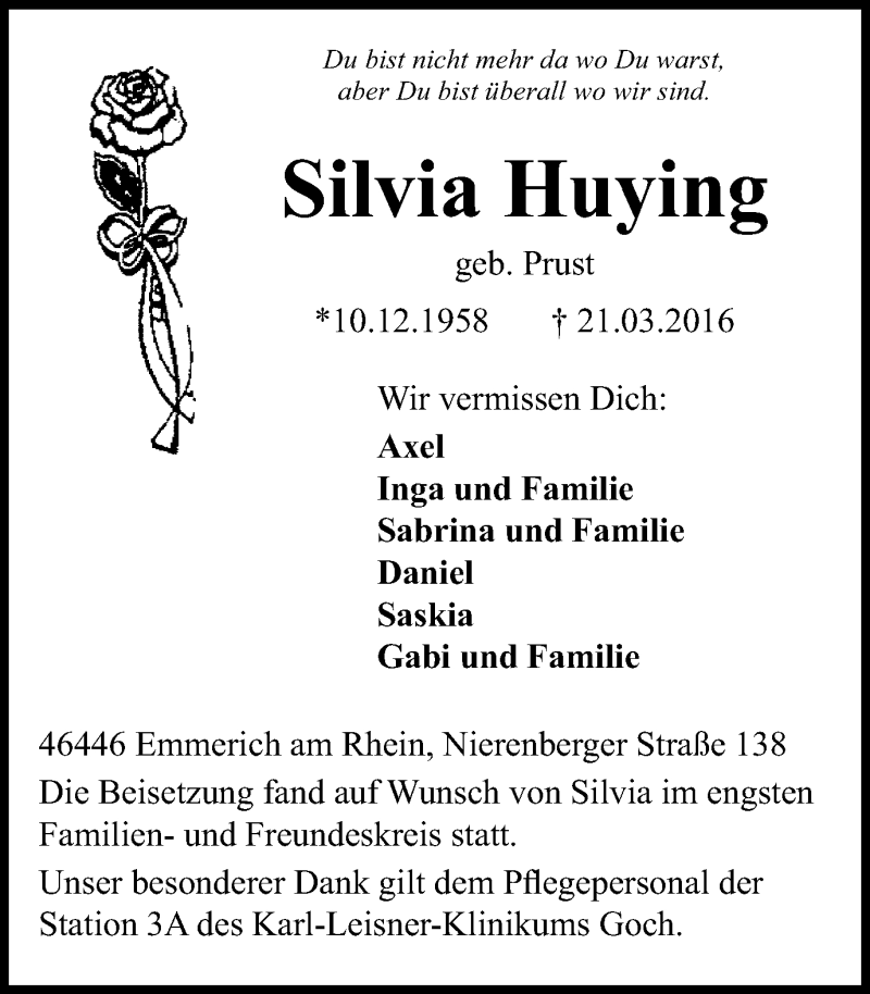  Traueranzeige für Silvia Huying vom 13.04.2016 aus Stadtanzeiger Emmerich/Rees/Isselburg