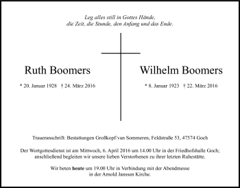 Traueranzeige von Ruth und Wilhelm Boomers von Gocher Wochenblatt