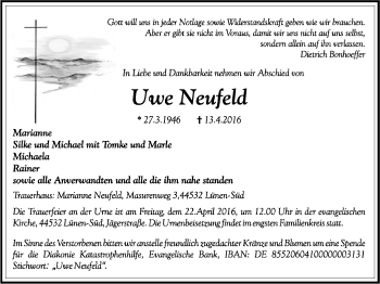 Traueranzeige von Uwe Neufeld von Lüner Anzeiger