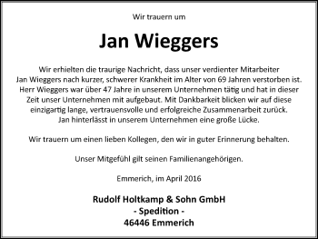 Traueranzeige von Jan Wieggers von Stadtanzeiger Emmerich/Rees/Isselburg + Klever Wochenblatt