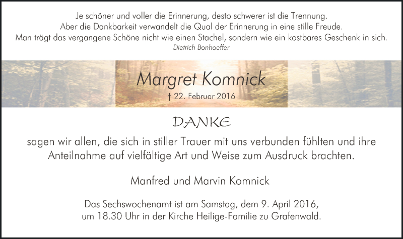  Traueranzeige für Margret Komnick vom 06.04.2016 aus Stadtspiegel Bottrop
