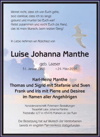 Traueranzeige von Luise Johanna Manthe von Mülheimer Woche