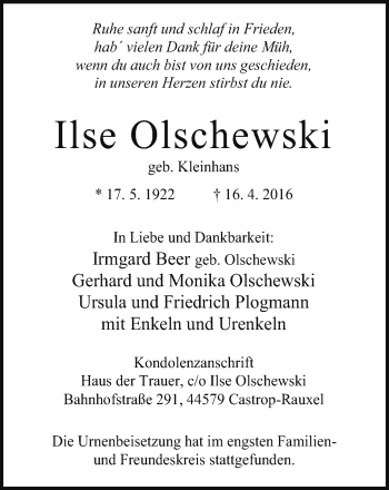 Traueranzeige von Ilse Olschewski von Stadtanz.Castrop-Rauxel