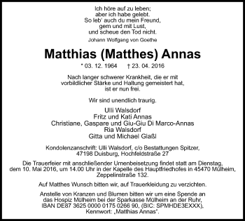 Traueranzeige von Matthias Annas von Mülheimer Woche