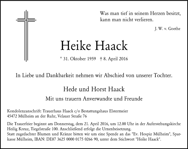  Traueranzeige für Heike Haack vom 16.04.2016 aus Mülheimer Woche