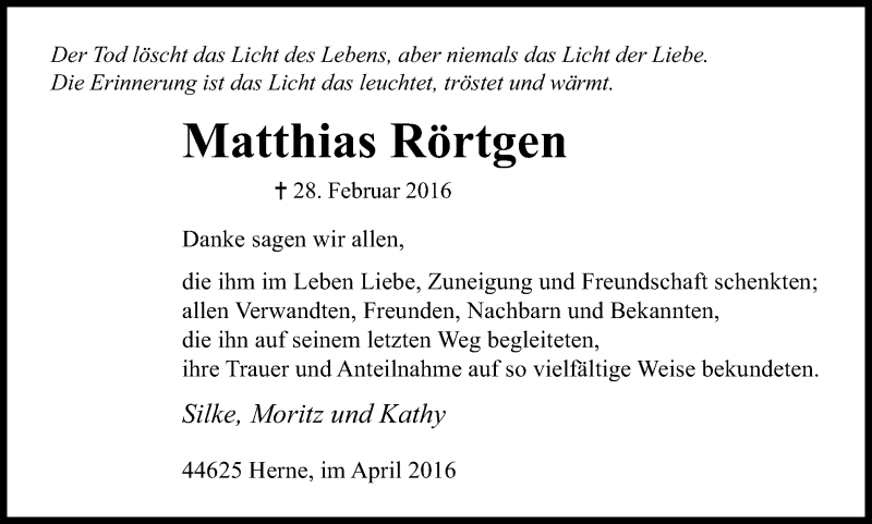  Traueranzeige für Matthias Rörtgen vom 23.04.2016 aus Stadtspiegel Bottrop
