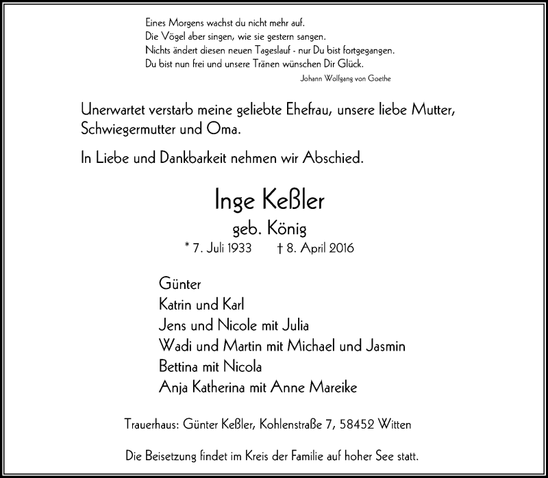  Traueranzeige für Inge Keßler vom 16.04.2016 aus Witten aktuell