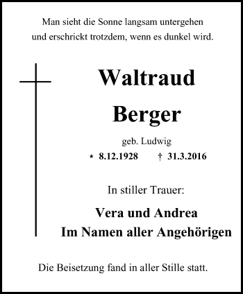 Traueranzeige von Waltraud Berger von Wochen-Anzeiger Oberhausen