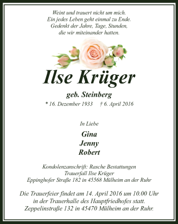 Traueranzeige von Ilse Krüger von Mülheimer Woche