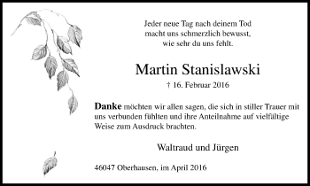 Traueranzeige von Martin Stanislawski von Wochen-Anzeiger Oberhausen