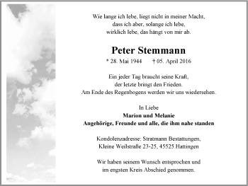Traueranzeige von Peter Stemmann von Stadtspiegel Hattingen/Niedersprockhövel
