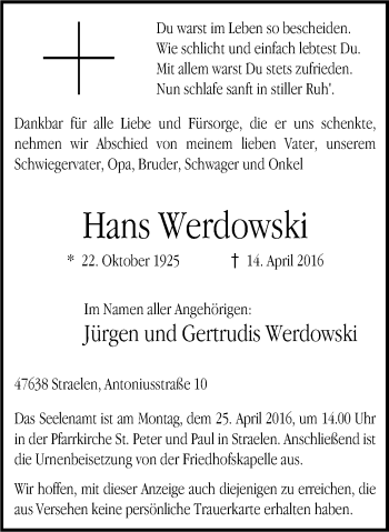 Traueranzeige von Hans Werdowski von Wochen-Anzeiger Oberhausen