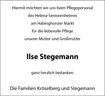 Traueranzeige von Ilse Stegemann von Stadtanz.Castrop-Rauxel