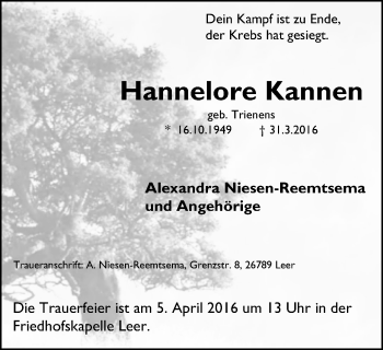 Traueranzeige von Hannelore Kannen von Stadtspiegel Bottrop