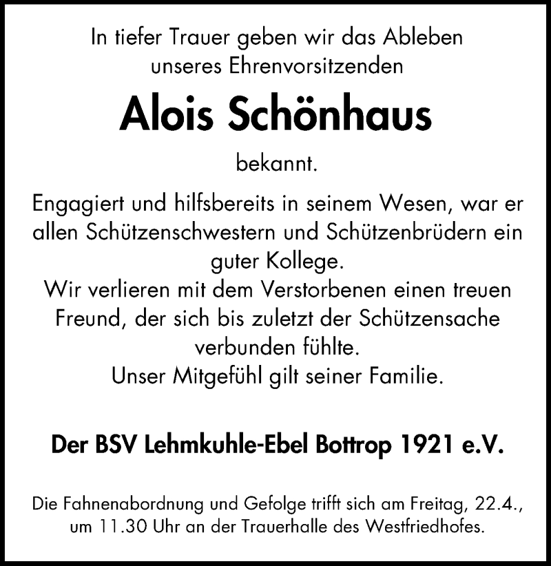  Traueranzeige für Alois Schönhaus vom 20.04.2016 aus Stadtspiegel Bottrop