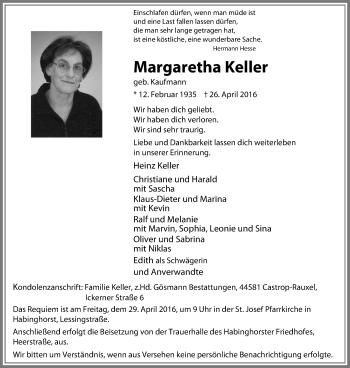 Traueranzeige von Margaretha Keller von Stadtanz.Castrop-Rauxel
