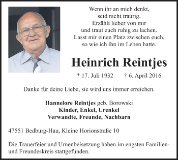 Traueranzeige von Heinrich Reintjes von Klever Wochenblatt