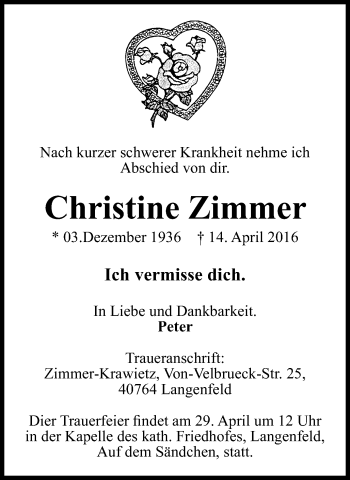 Traueranzeige von Christine Zimmer von Wochen-Anzeiger Langenfeld/Monheim/Hilden