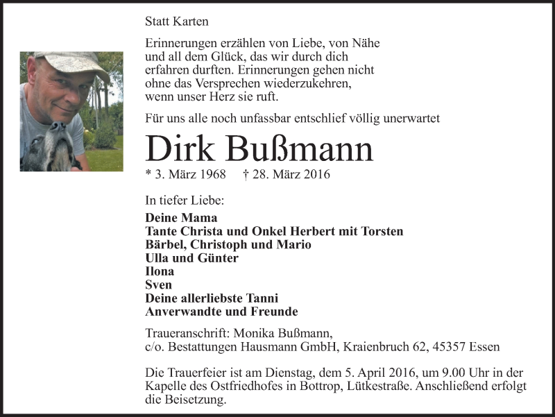  Traueranzeige für Dirk Bußmann vom 02.04.2016 aus Stadtspiegel Bottrop