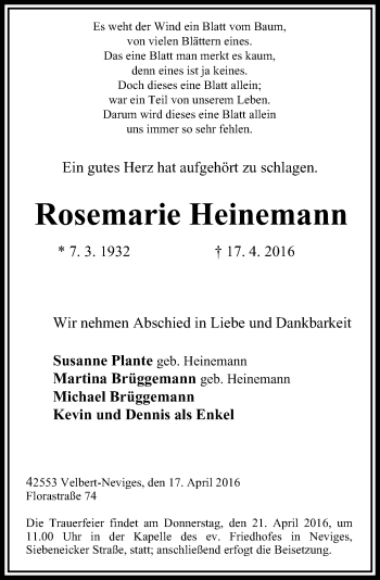 Traueranzeige von Rosemarie Heinemann von Stadtanzeiger Velbert + Heiligenhaus
