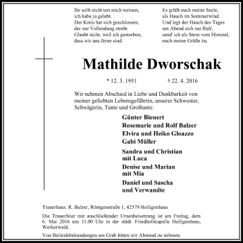 Traueranzeige von Mathilde Dworschak von Stadtanzeiger Velbert + Heiligenhaus