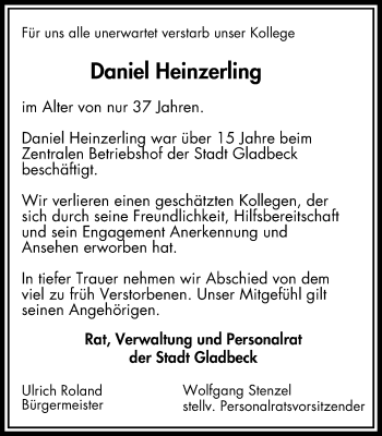 Traueranzeige von Daniel Heinzerling von Stadtspiegel Gladbeck