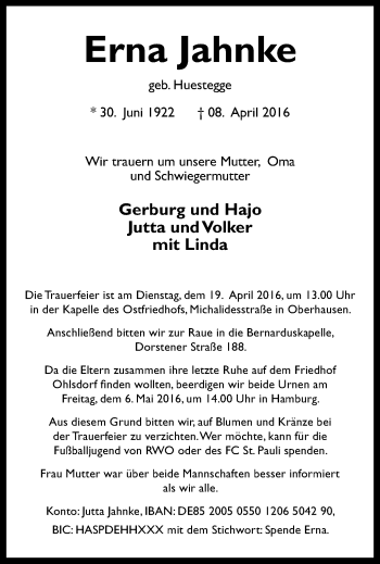 Traueranzeige von Erna Jahnke von Wochen-Anzeiger Oberhausen