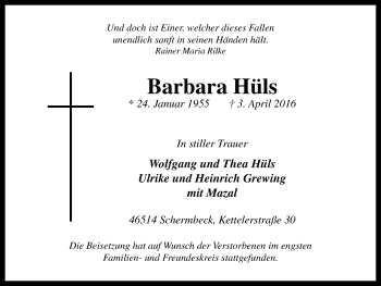 Traueranzeige von Barbara Hüls von Mülheimer Woche