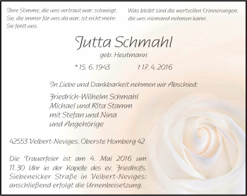 Traueranzeige von Jutta Schmahl von Stadtanzeiger Velbert + Heiligenhaus