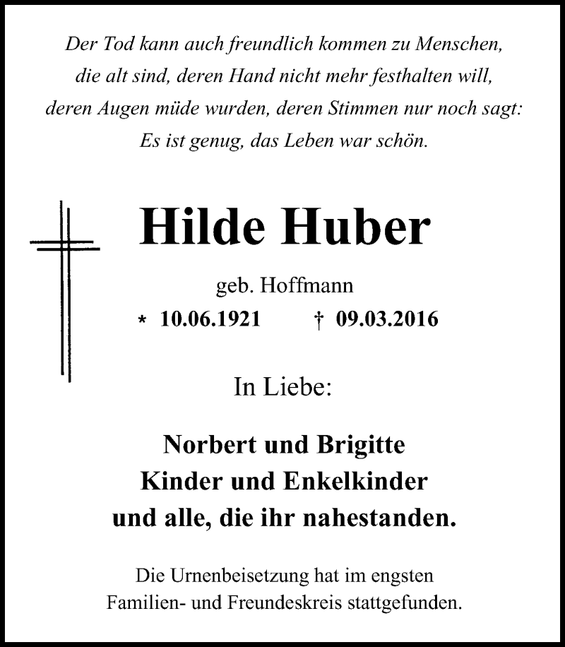  Traueranzeige für Hilde Huber vom 06.04.2016 aus Stadtspiegel Bottrop