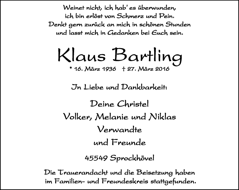  Traueranzeige für Klaus Bartling vom 09.04.2016 aus Stadtspiegel Hattingen/Niedersprockhövel