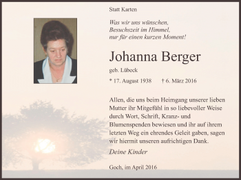 Traueranzeige von Johanna Berger von Gocher Wochenblatt