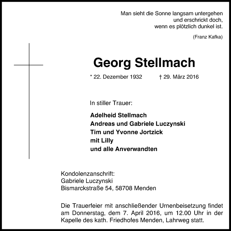  Traueranzeige für Georg Stellmach vom 02.04.2016 aus Stadtspiegel Menden + Froendenberg