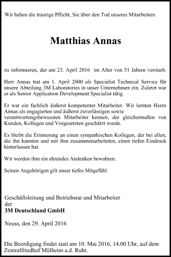 Traueranzeige von Matthias Annas von Mülheimer Woche