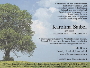 Traueranzeige von Karolina Saibel von Lüner Anzeiger